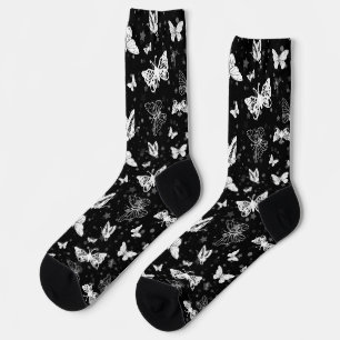 Black White Butterfly Illustration Pattern Design Socks