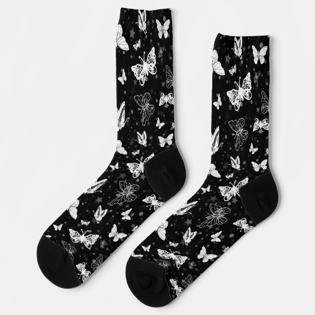 Black White Butterfly Illustration Pattern Design Socks (Left)
