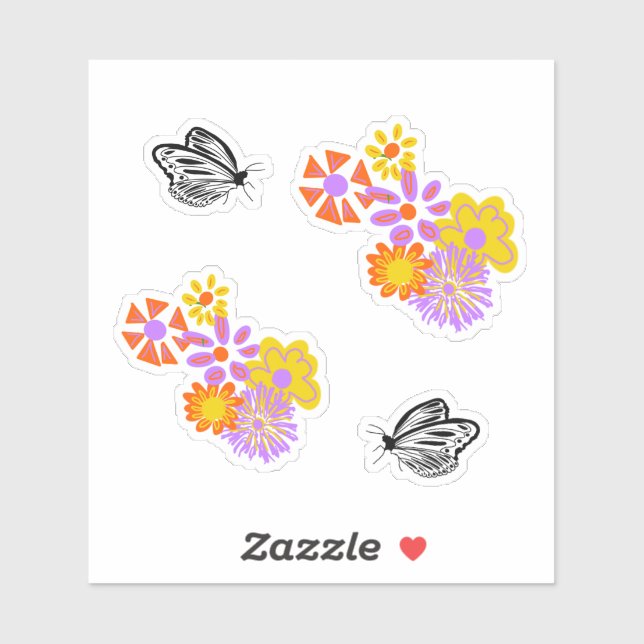 Black white butterfly orange yellow flowers sticker (Sheet)