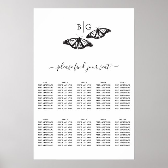 Black White Butterfly Wedding Seating Chart (Front)