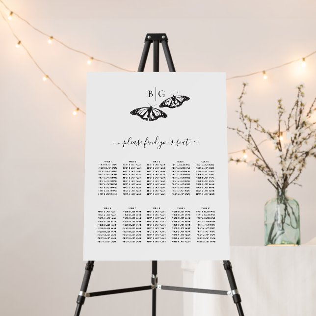 Black White Butterfly Wedding Seating Chart Foam Board (In Situ (Stand))
