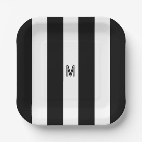 Black  White Cabana Stripe Minimal Monogram Paper Plates