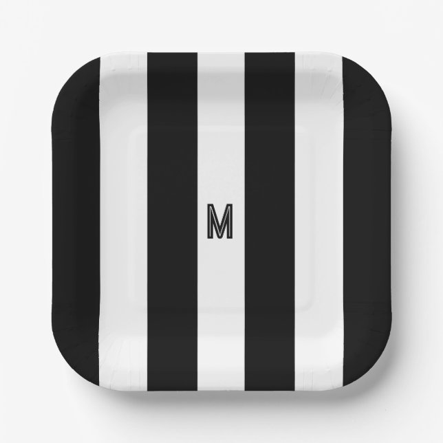 Black & White Cabana Stripe Minimal Monogram Paper Plates (Front)