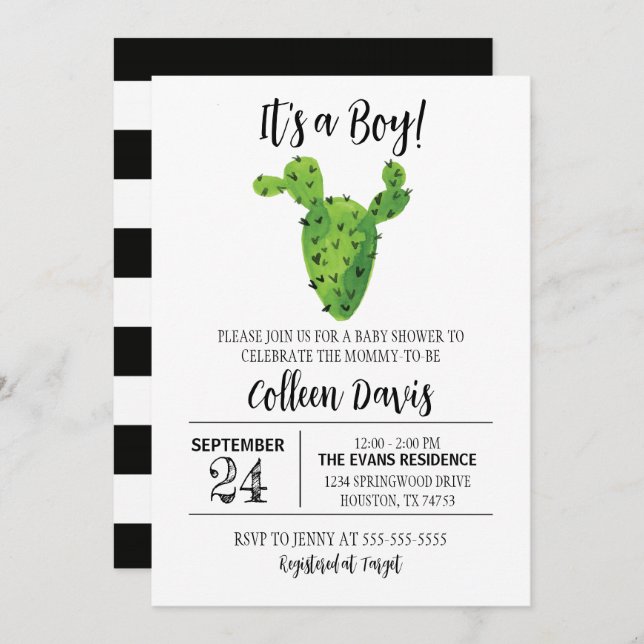 Black & White Cactus Baby Shower Invitation (Front/Back)