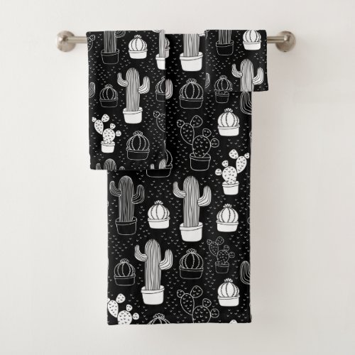 Black  White Cactus Doodle Pattern Bath Towel Set