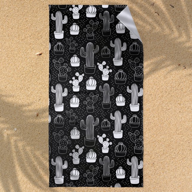 Black & White Cactus Doodle Pattern Beach Towel (Creator Uploaded)