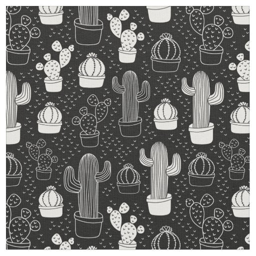 Black & White Cactus Doodle Pattern Fabric