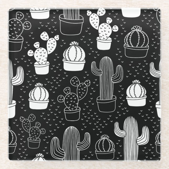Black & White Cactus Doodle Pattern Glass Coaster (Front)