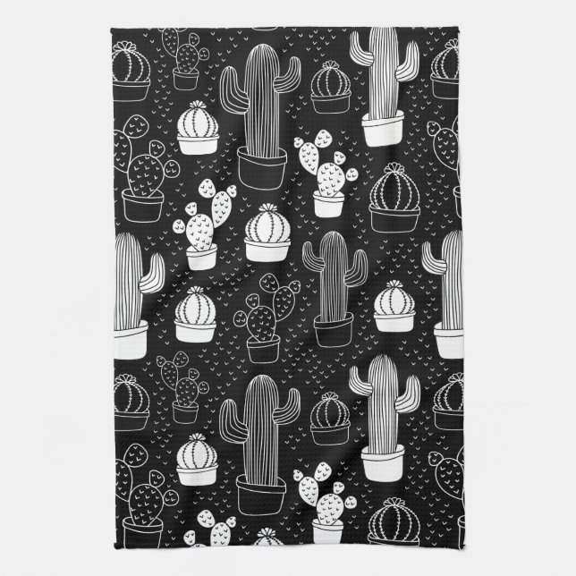 Black & White Cactus Doodle Pattern Kitchen Towel (Vertical)