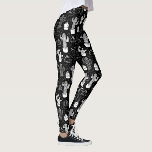 Black  White Cactus Doodle Pattern Leggings