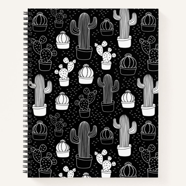 Black & White Cactus Doodle Pattern Notebook (Front)