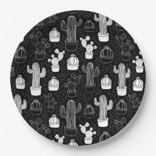 Black & White Cactus Doodle Pattern Paper Plates