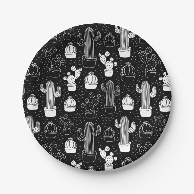 Black & White Cactus Doodle Pattern Paper Plates (Front)