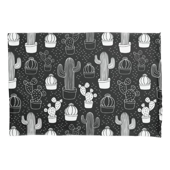 Black & White Cactus Doodle Pattern Pillow Case (Front)