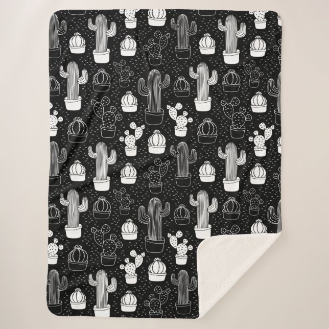 Black & White Cactus Doodle Pattern Sherpa Blanket (Front)