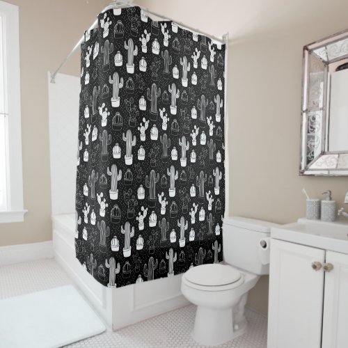 Black  White Cactus Doodle Pattern Shower Curtain