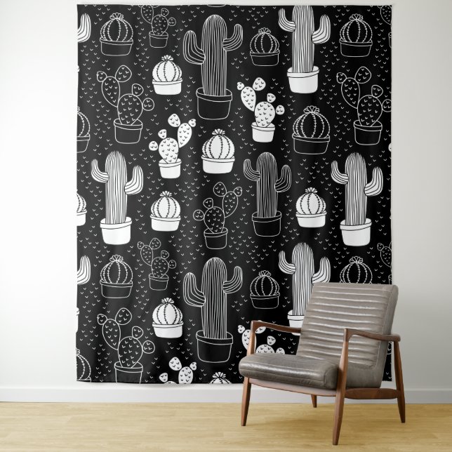 Black & White Cactus Doodle Pattern Tapestry (In Situ)