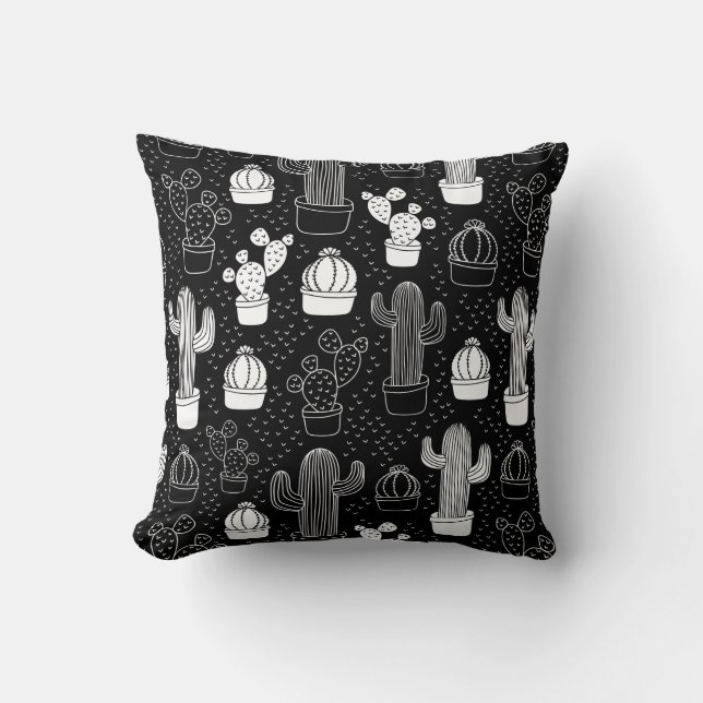 Black & White Cactus Doodle Pattern Throw Pillow (Front)