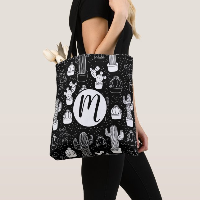 Black & White Cactus Doodle Pattern Tote Bag (Close Up)