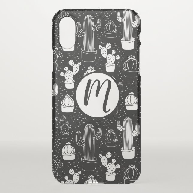 Black & White Cactus Doodle Pattern Uncommon iPhone Case (Back)