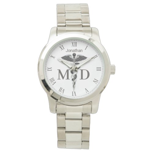 Black White Caduceus Name Medical Doctor MD Watch