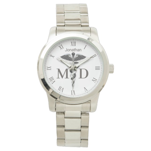 Black White Caduceus Name Medical Doctor MD Watch (Front)