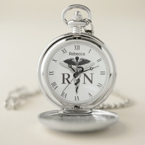 Black White Caduceus Name Registered Nurse RN Pocket Watch