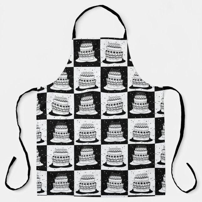 Black White Cake Checkered Block Print Apron (Front)