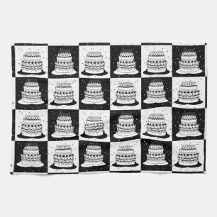 Black White Cake Checkered Block Print Kitchen Towel