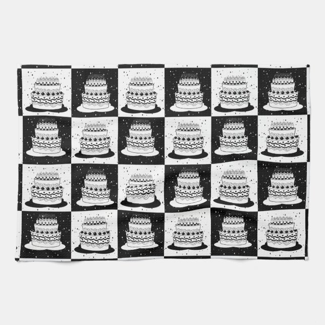 Black White Cake Checkered Block Print Kitchen Towel (Horizontal)
