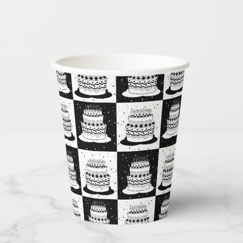 Black White Cake Checkered Block Print Paper Cups