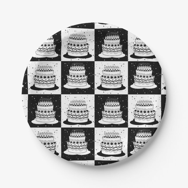 Black White Cake Checkered Block Print Paper Plates (Front)