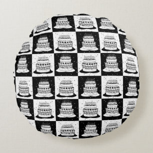 Black White Cake Checkered Block Print Round Pillow