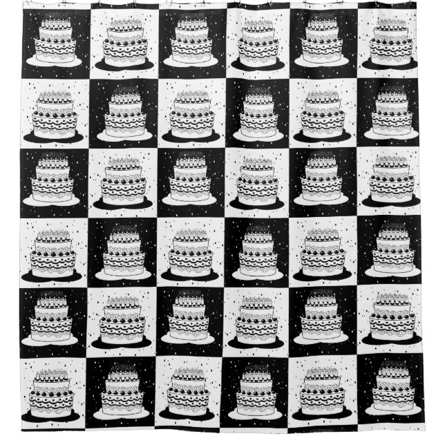 Black White Cake Checkered Block Print Shower Curtain (Front)