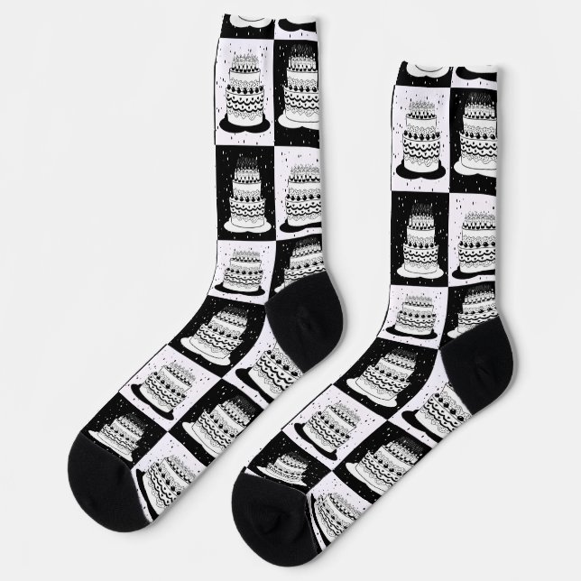 Black White Cake Checkered Block Print Socks (Left)