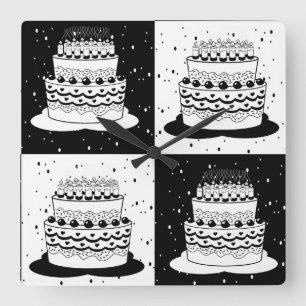 Black White Cake Checkered Block Print Square Wall Clock