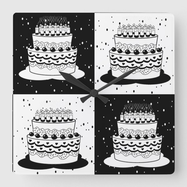 Black White Cake Checkered Block Print Square Wall Clock (Front)