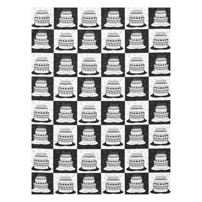 Black White Cake Checkered Block Print Tablecloth (Front)