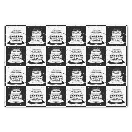 Black White Cake Checkered Block Print Tissue Paper