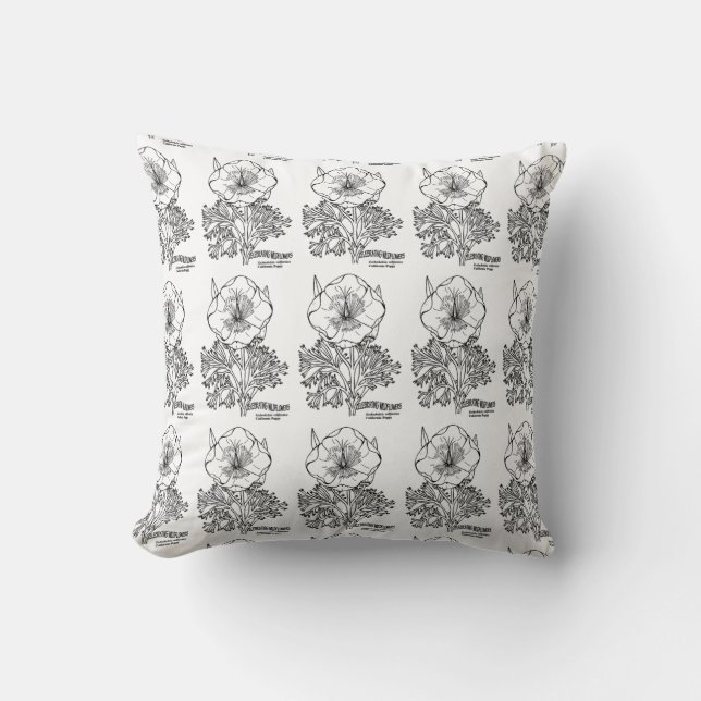 Black White California Flowers Pattern Pillow (Front)