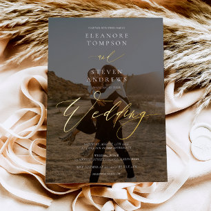 Black white calligraphy 2 photo minimalist wedding foil invitation