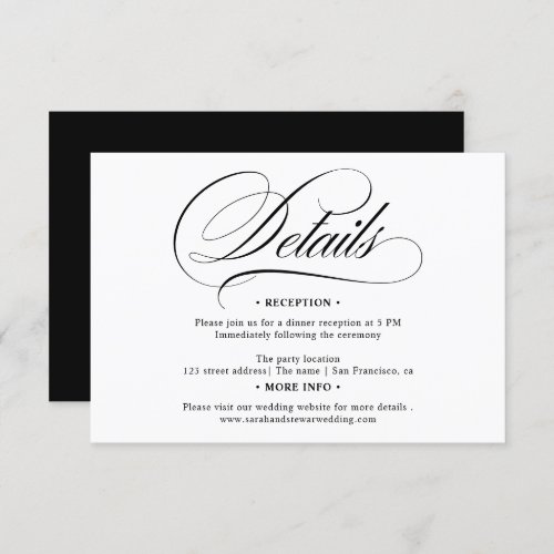 Black white calligraphy chic details wedding invitation - Chic and elegant script black and white script wedding details invitation.