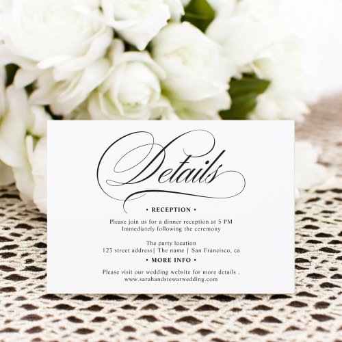 Black white calligraphy chic details wedding invitation