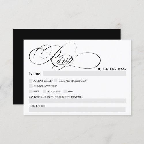 Black white calligraphy chic rsvp wedding invitation - Chic and elegant script black and white script wedding rsvp with food choices, allergies, dietary requirements and song choice.