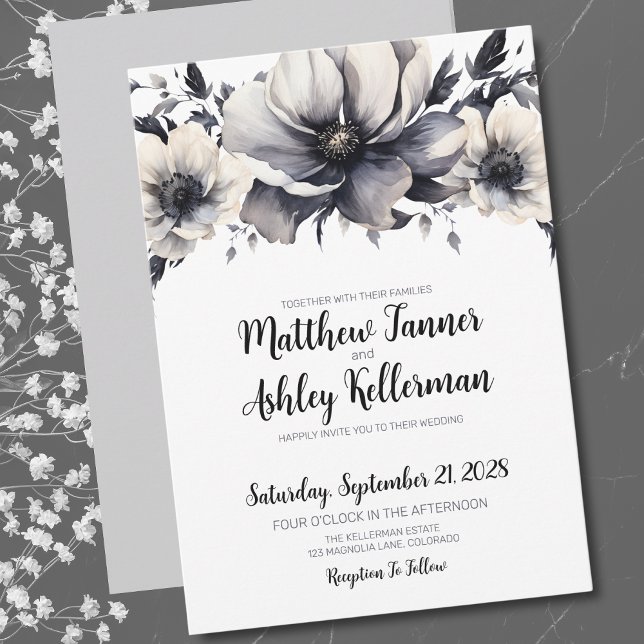 Black White Calligraphy Elegant Floral Wedding Invitation (Trendy Elegant Black White Floral Wedding Invitation)