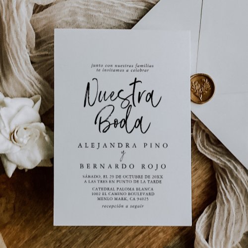 Black White Calligraphy Nuestra Boda Wedding Invitation
