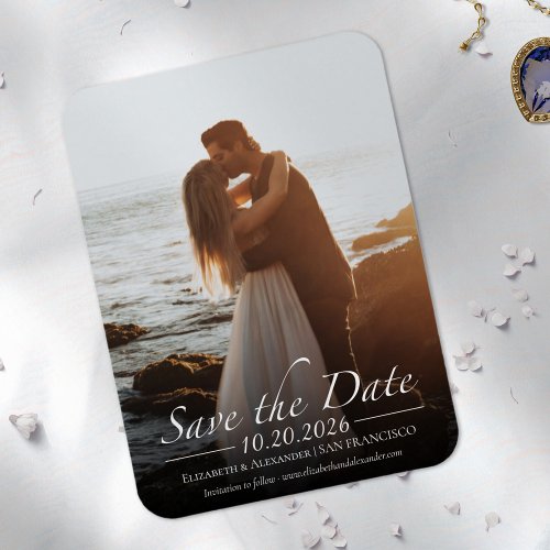 Black  White Calligraphy Photo Save the Date Magnet