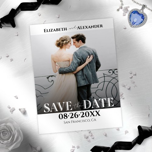 Black  White Calligraphy Photo Save the Date Postcard