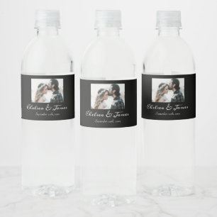 Black & White Calligraphy Photo Sparkling Wine Wed Water Bottle Label