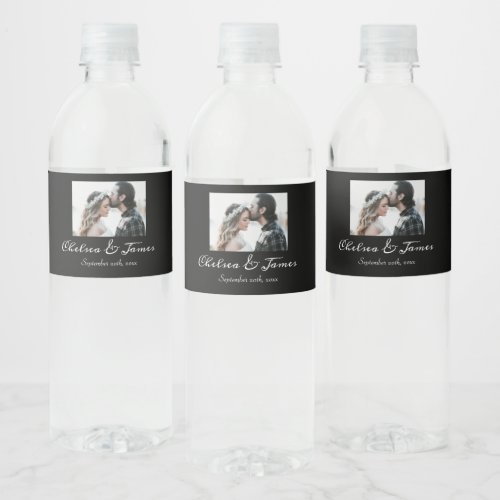 Black  White Calligraphy Photo Sparkling Wine Wed Water Bottle Label